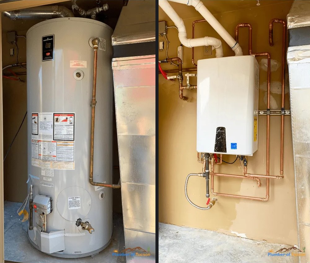 Before and after: tank water heater replaced by a white wall-mounted tankless unit with copper piping
