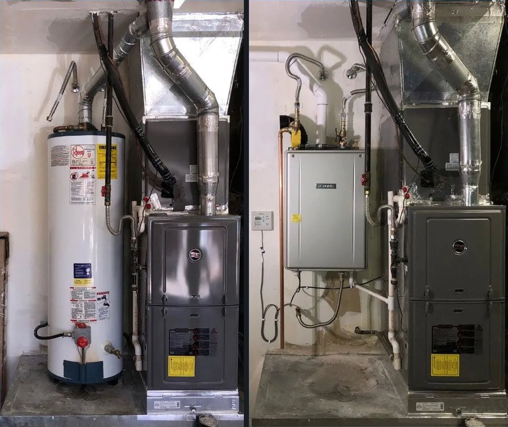 Before and after: tank water heater beside a furnace replaced by a wall-mounted tankless unit