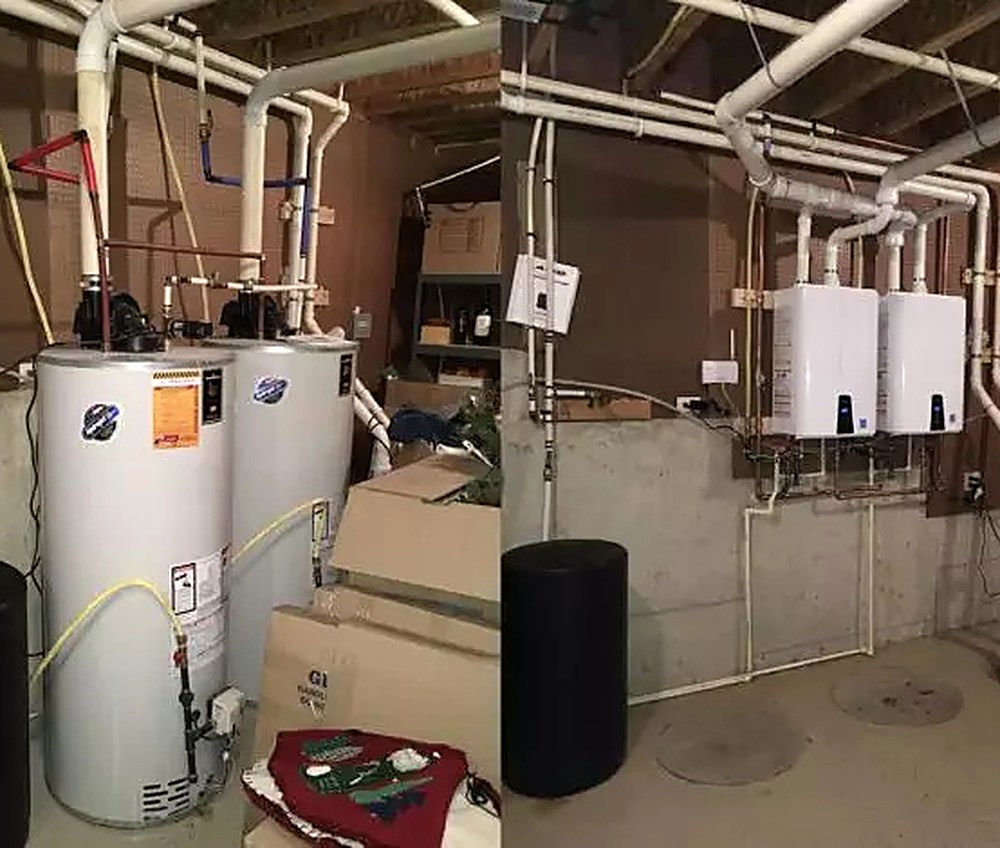Before and after: two tank water heaters replaced by two wall-mounted tankless units